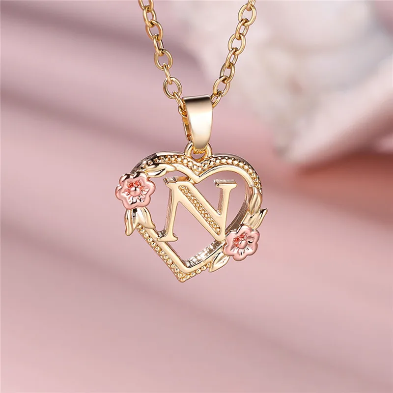 Yellow Gold Color A-Z Letter Flower Pendant Necklace for Women Wedding Gift Jewelry
