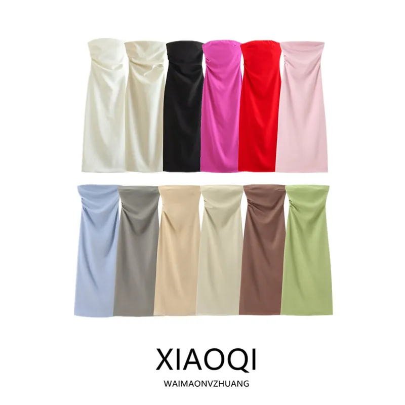 우아한 미디 길이 튜브 드레스 여름 신상 여성 패션 슬림 스트랩리스 가운 원피스 세련된 스타일 민소매 원숄더