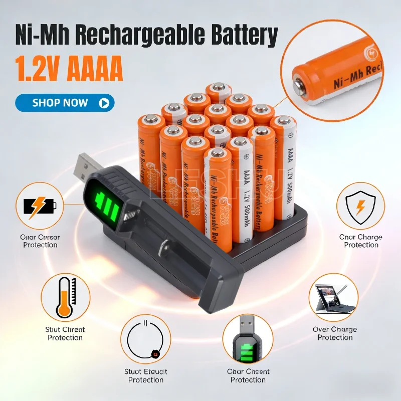 

1.2V Rechargeable AAAA Ni-MH Battery for Stylus Pen Toys Bluetooth Headset and USB Charger Cable High Capacity 750mAh