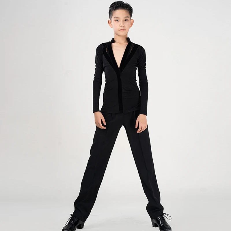 Black Laitn Dance Tops for Boys Long Sleeve Latin Training Clothes V-Neck Stand Collar Cha Cha Rumba Clothes Kid Dancewear 2716