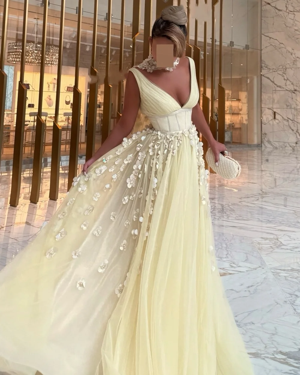 

Customized Elegant Classic Tulle Handmade Flower Pleat A-line V-neck Long Dresses Bespoke Occasion Dresses Sizes Available Sexy