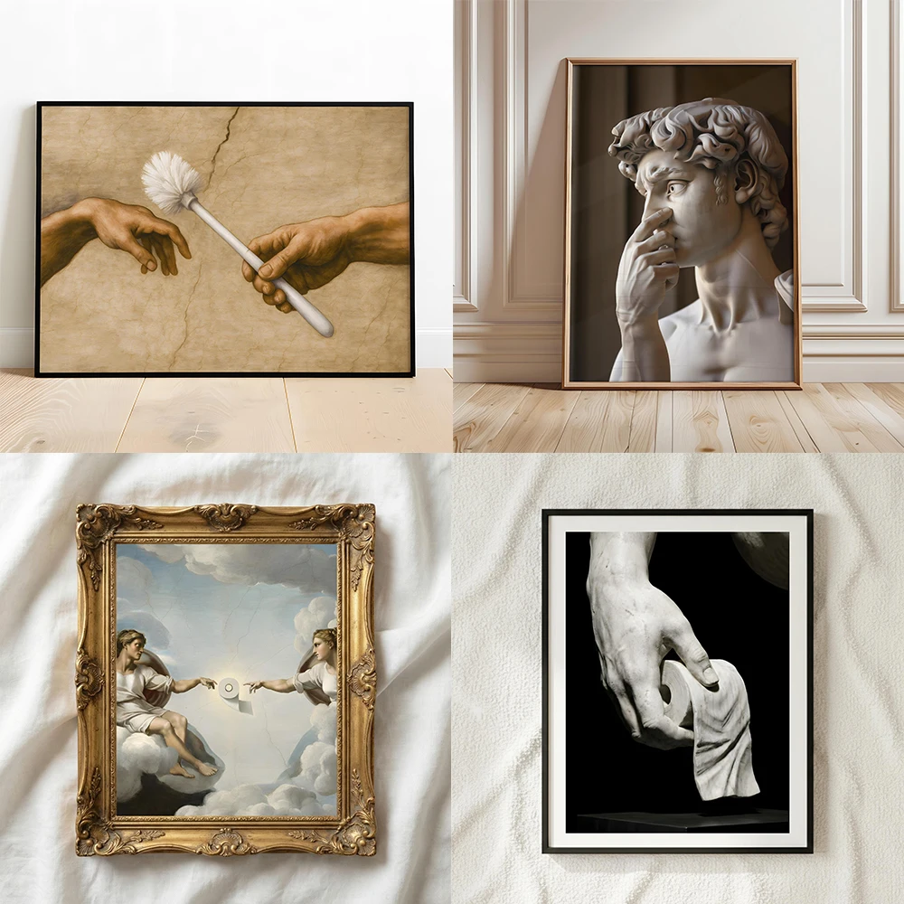 Funny Bathroom Wall Art Poster Antique Altered David Art Bathroom Print Toilet Paper Print Canvas Painting Home Restroom Decor
