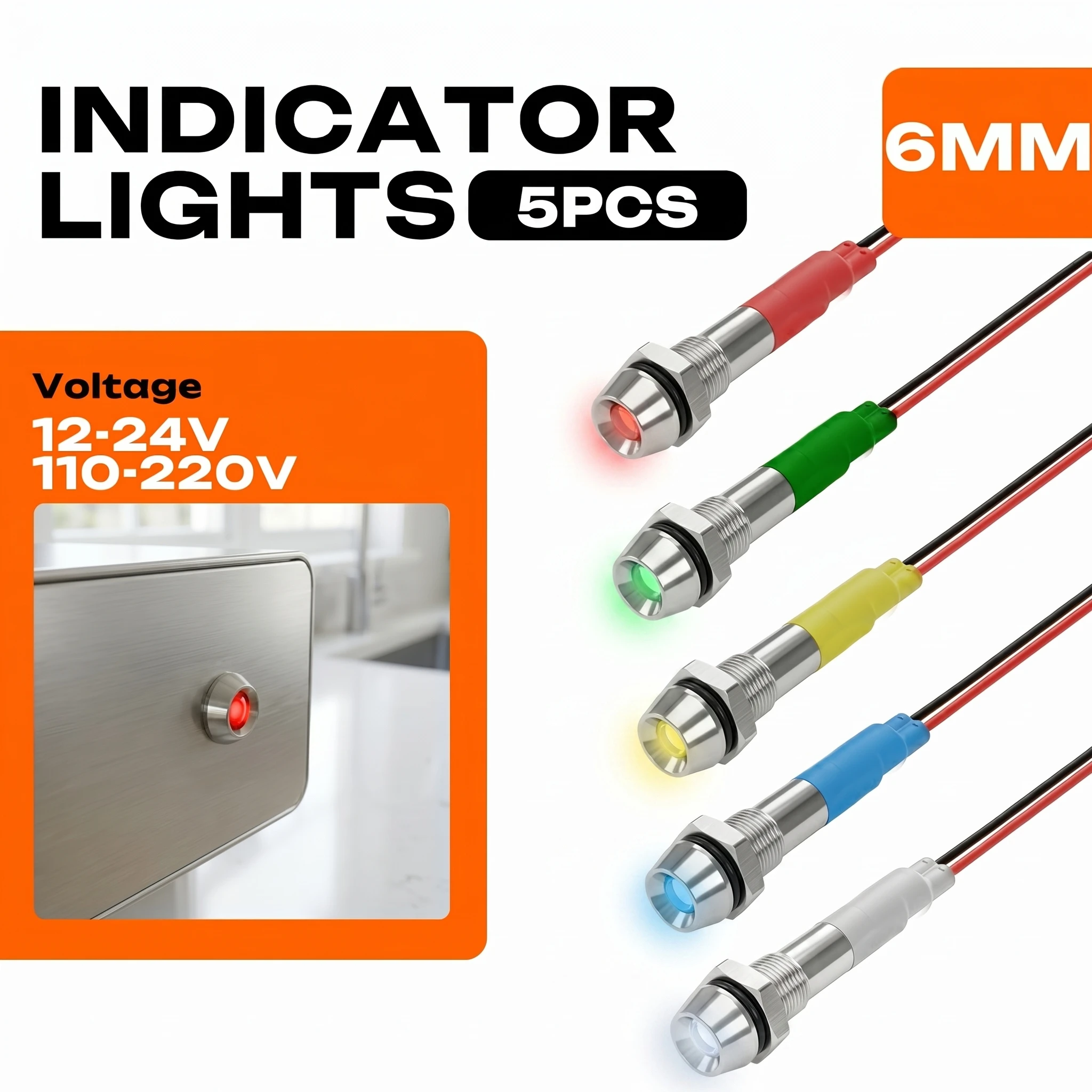 FILN 5PCS 6mm IP67 Waterproof Warning Lamp LED Indicator Light for Car Boat Machine Equipment Control Panels 12V-24V/110V-220V