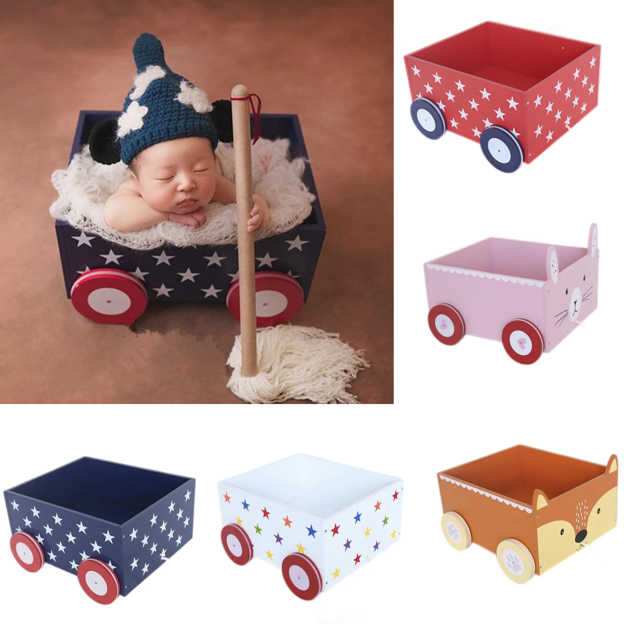 Newborn Photography Props Small Wood Four-Wheel Stroller  Baby Shooting Props New Studio Photo Car Model Small Bed Photo Props