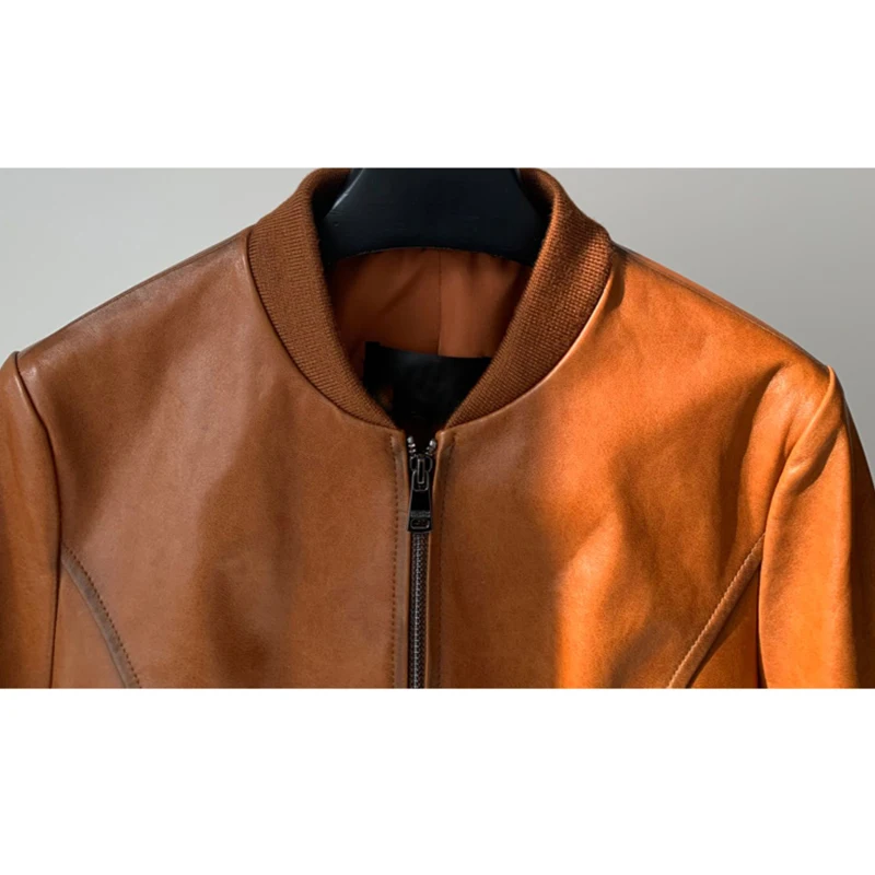 Giacca corta in pelle di pecora vintage in pelle cerata per donna Colletto alla coreana casual Manica lunga Cappotti da motociclista da moto in vera pelle sottile femminile