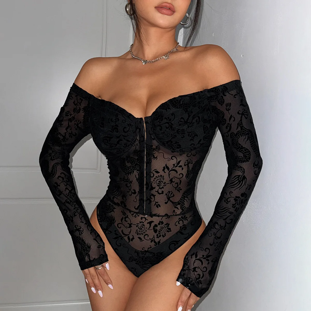 Off Shoulder Print Bodysuits Sexy Women Long Sleeve Shaper Jumpsuit Thongs Sexy Lingerie Nightclub Slim Shapewear Fashion Outfit
