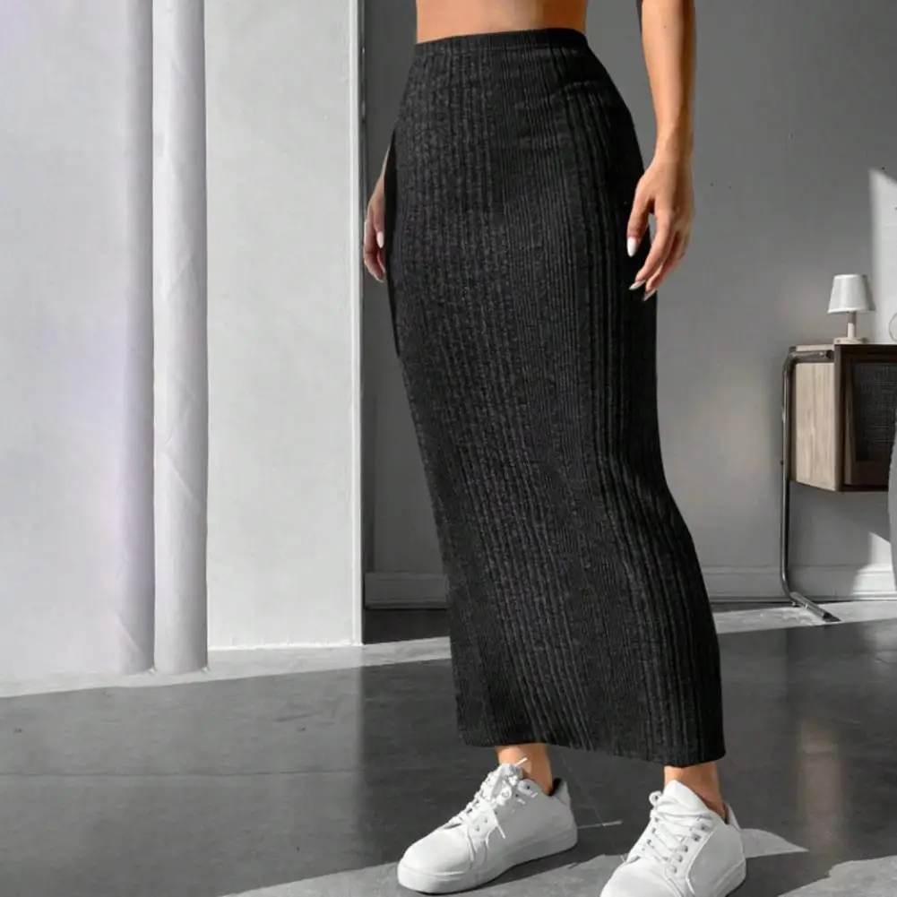 

Solid Color Slim-fit Skirt High Waist Skirt Striped High Waist Knitted Maxi Skirt for Women Warm Slim Fit Ankle Length for Fall