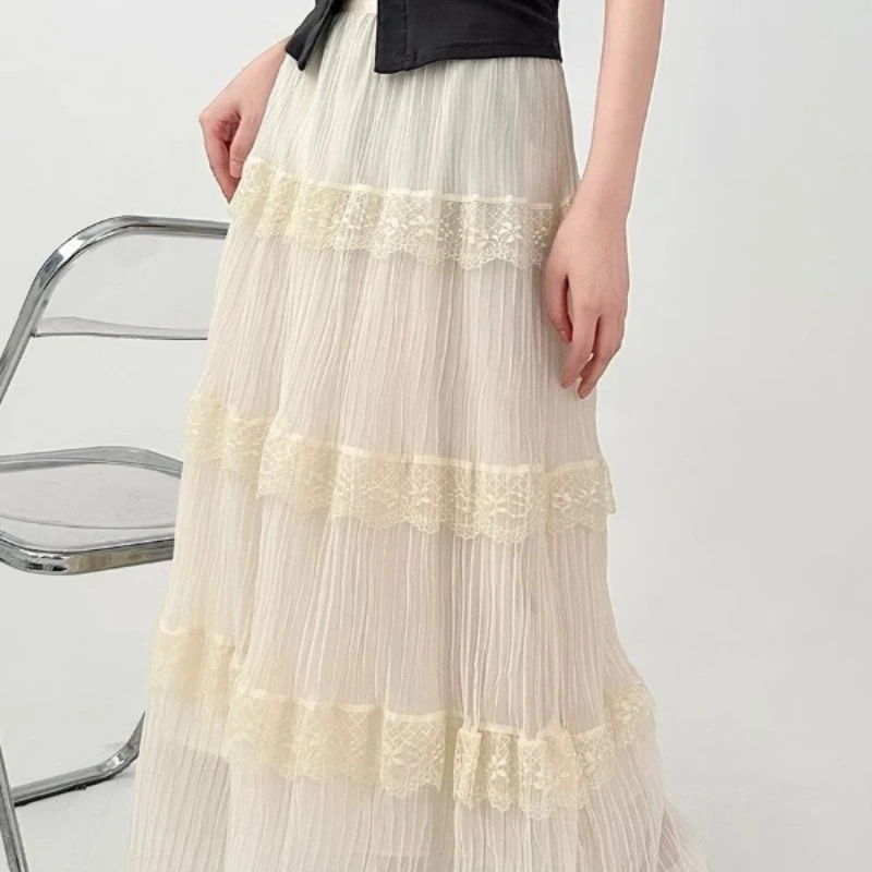 French Apricot Cake Skirt for Women Lace A-line Skirt Mid-length Skirt Slightly Fat Long Skirt