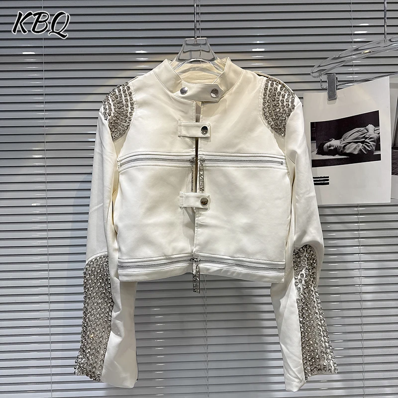 

KBQ Solid Spliced Diamonds Short Tops for Women Stand Collar Long Sleeve Patchwork Zipepr Casual Jackets Femsle Fashion Sstyle