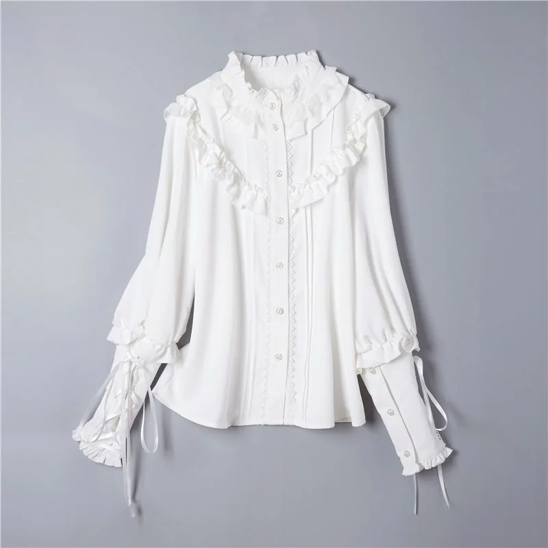 

Lolita shirt with stand up collar, lace and ruffled edges, strap design for versatile long sleeved