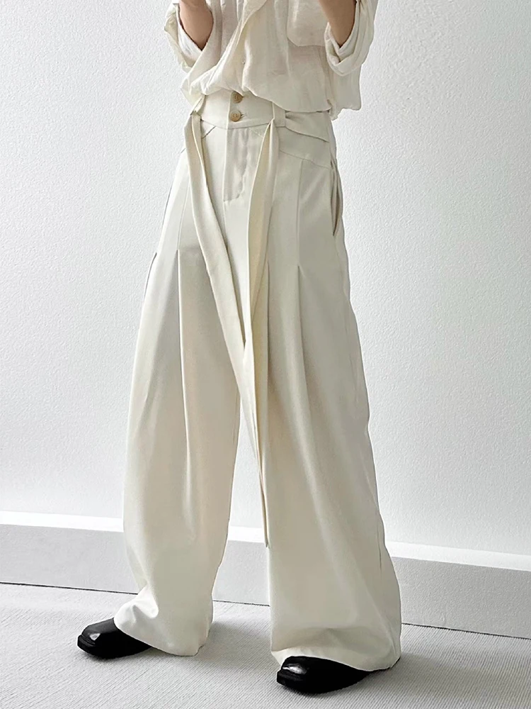 อินเทรนด์กางเกงเอวสูงกางเกงผู้ชายสตรีทแวร์สไตล์จีบกางเกงฤดูใบไม้ผลิฤดูใบไม้ร่วงสบายๆสีทึบกางเกงหลวม