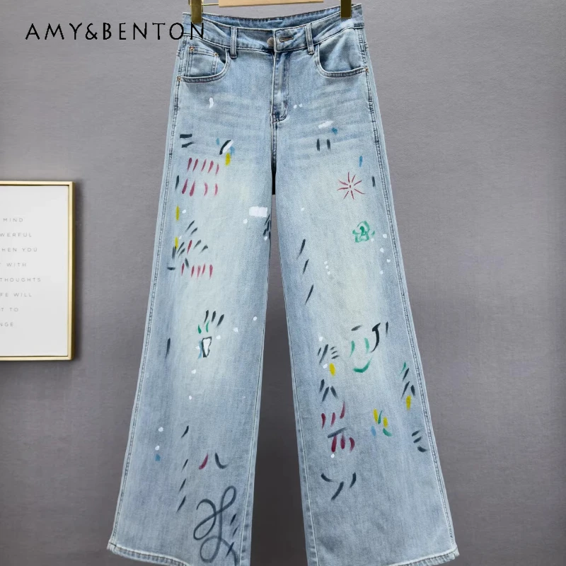 

Retro Design Blue High-waisted Women's Jeans Spring 2026 New Sweet Cool Loose Thin Versatile Graffiti Wide-leg Pants Ladies