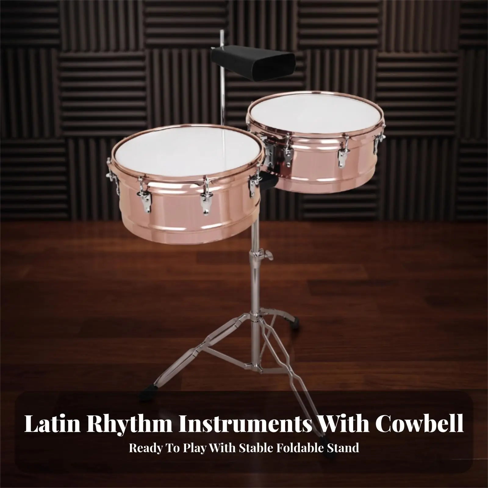 Timbales Drum Set with Stand and Cowbell | Rose Gold Metal drums, Non-Slip Rubber Feet, Timbales Set with Cowbell, for Live