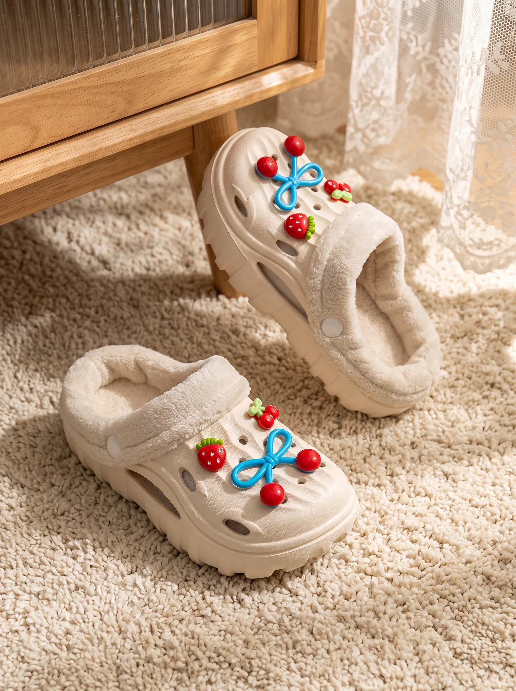 Girls' Winter Fleece-Lined Clog Slippers with Cute Cherry, Strawberry, and Bow Accessories, Thick-Soled Non-Slip EVA Plush Warm Indoor Cotton Slippers for Toddlers