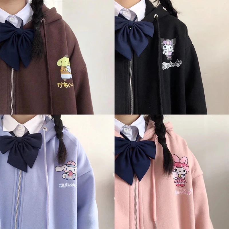 Sanrio Hooded Hoodie Couple Outfit Kuromi Cinnamoroll Anime Kawaii Cotton Autumn Zipper Coat Loose Vintage Student Sweet Tops