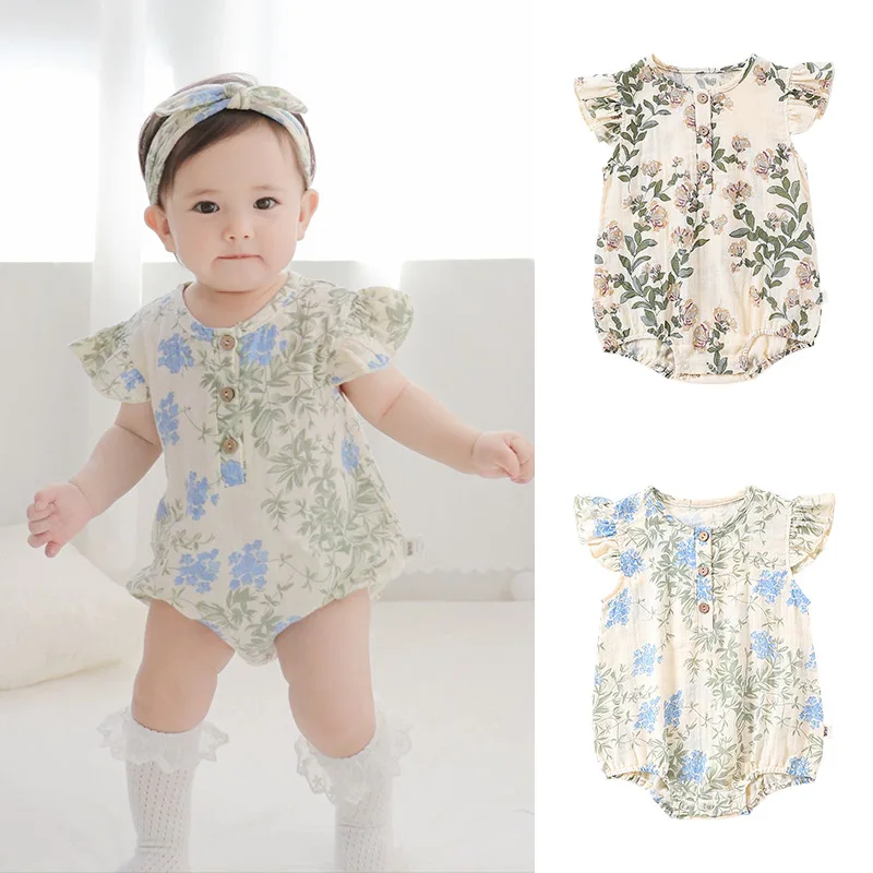 

Летняя одежда для малышей, комбинезон с летящими рукавами, девочка для малышей, категория А, костюм для ползания с цветочным принтом, летний тонкий стиль, шаровары