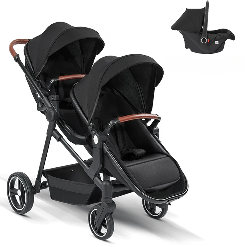 Passeggino gemellare 3in1 con seggiolini auto. Può essere preso a bordo di un aereo. Può essere smontato in un passeggino leggero