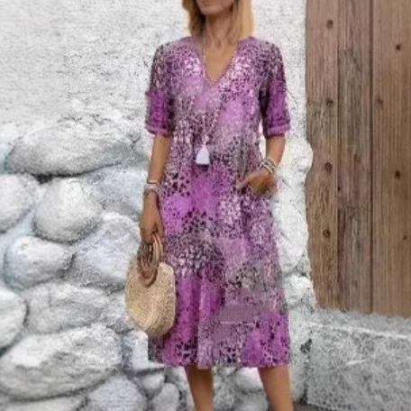 New Women's Dresses, Floral Printed Elegant Casual Vintage Dresses, Y2k Bohemian Style, Fashion Large Size Short Sleeve Dress