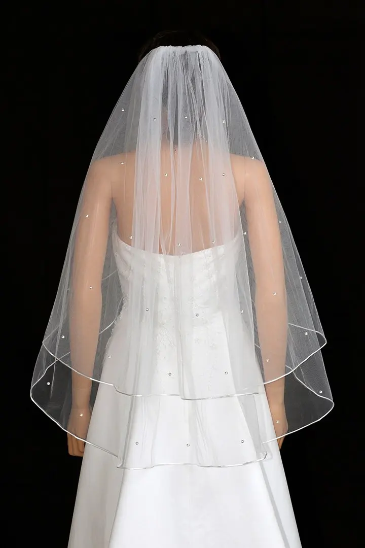 2T 2 Tier Rattail Scattered Rhinestone Crystal Bridal Wedding Veil