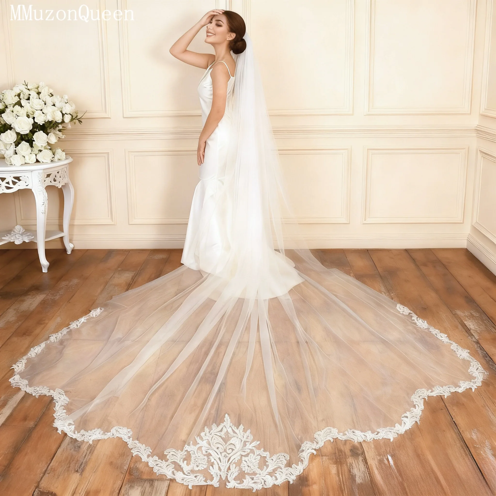 Topqueen sonhador véus de noiva comprimento catedral véu de casamento longo vieira renda guarnição edge1 camada mantilla española véu casamento v75