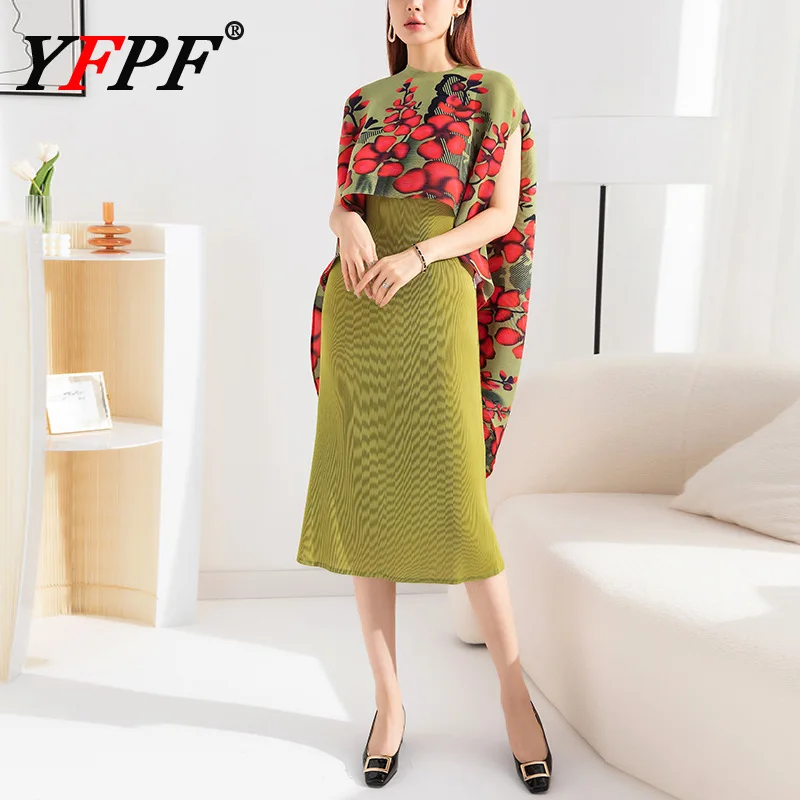 Conjunto de Fiesta para Mujer YFPF 2026: Elegante Chal Estampado Holgado + Vestido Largo Plisado Miyake de Color Liso