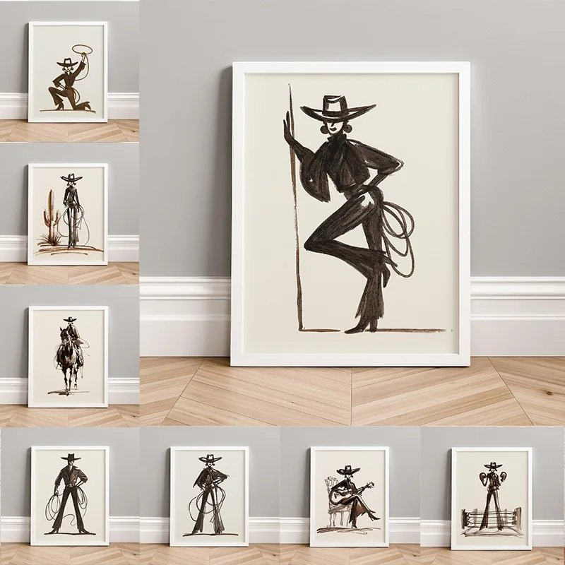 Western Cowboy Cowgirl Line Poster Retro Southwestern Rodeo Fashion Ranch Canvas Painting Wall Art for Living Room Home 