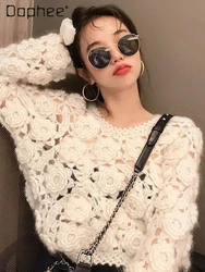 3D Rose Flower White Sweater Women Tops Korean Style Hollow Out Casual Long Sleeve Loose Short Pullovers Aesthetic Spring Summer