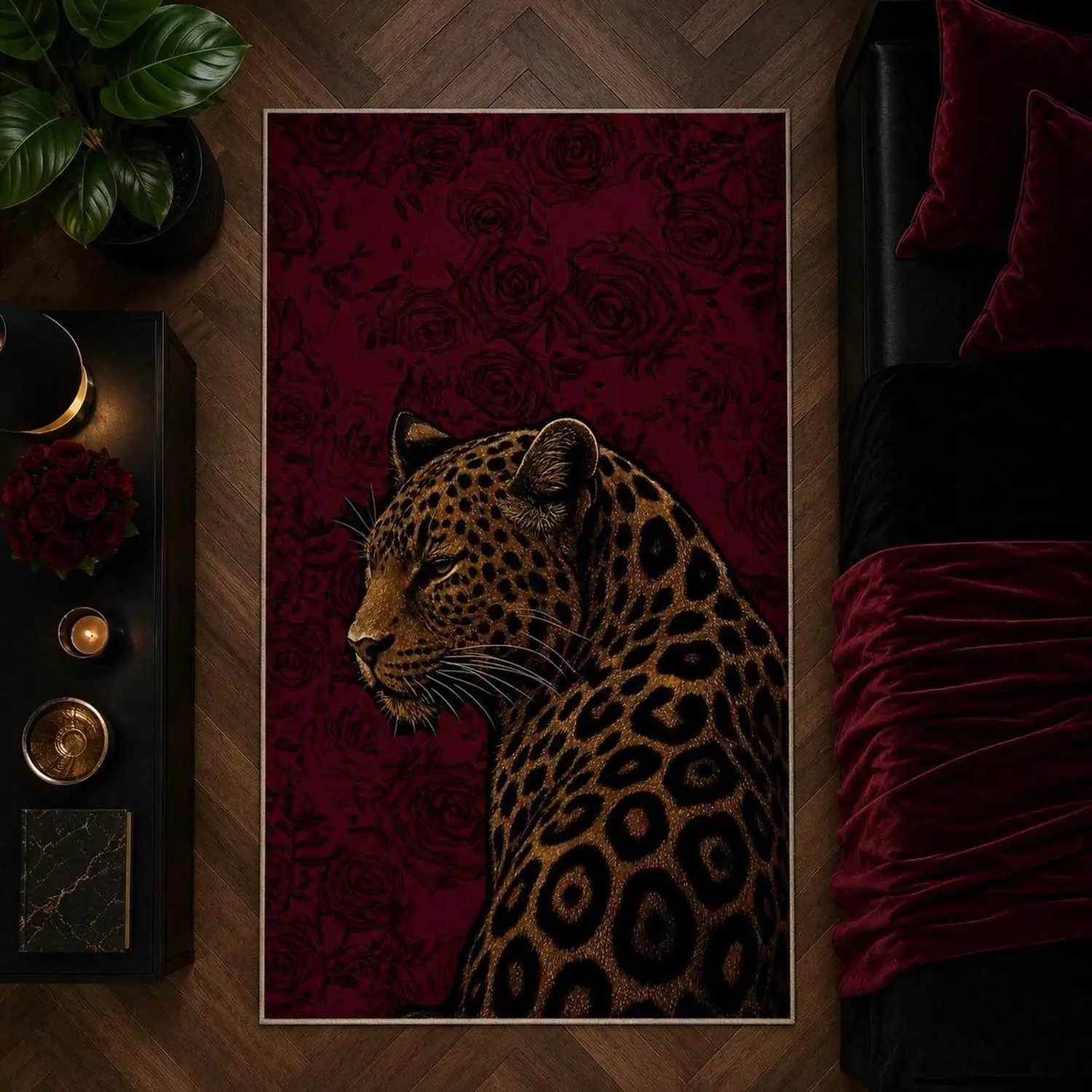 Dark Floral Leopard Print Carpet, Gothic Burgundy Rose Carpet, Creates a Mysterious Bedroom Atmosphere