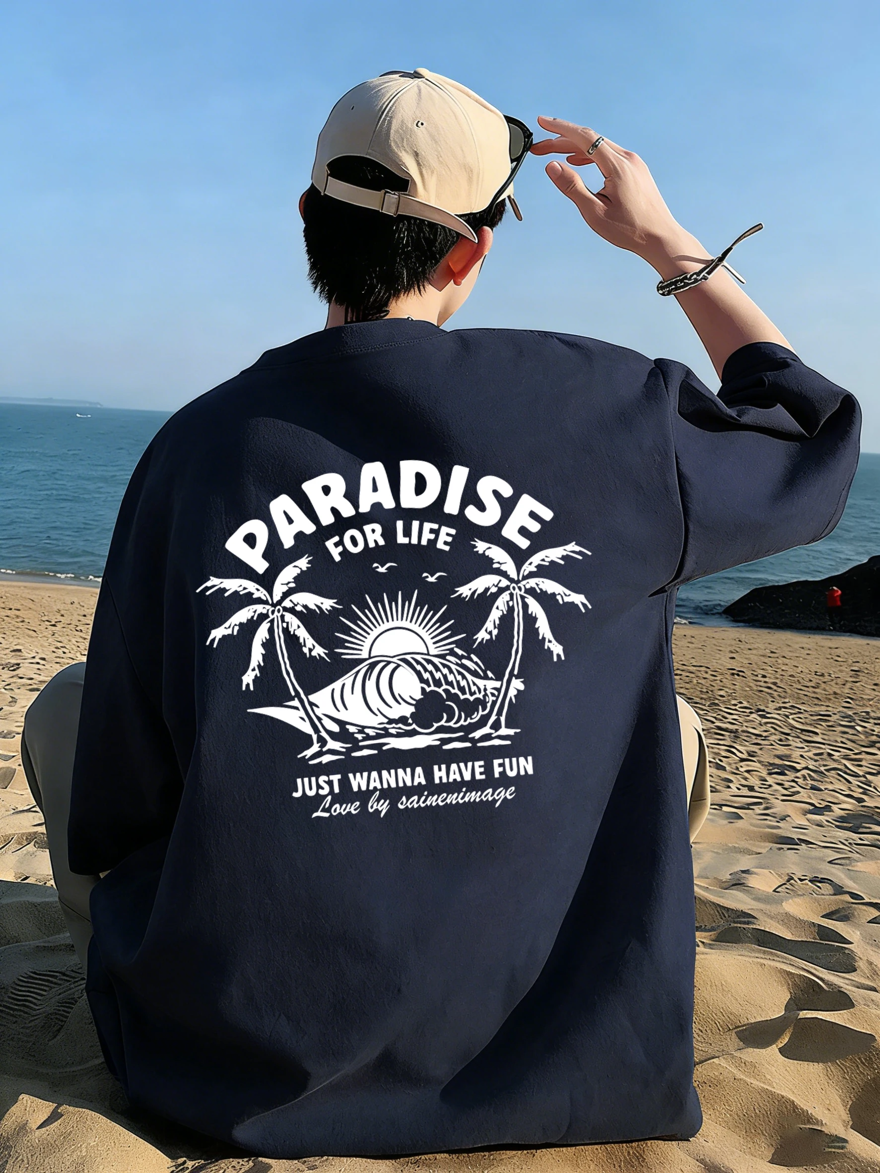 Paradise For Life Just Have Fun Men T-Shirt Trendy O-Neck Fashion T Shirts Hip Hop Loose Clothing Cotton Unisex Retro Streetwear