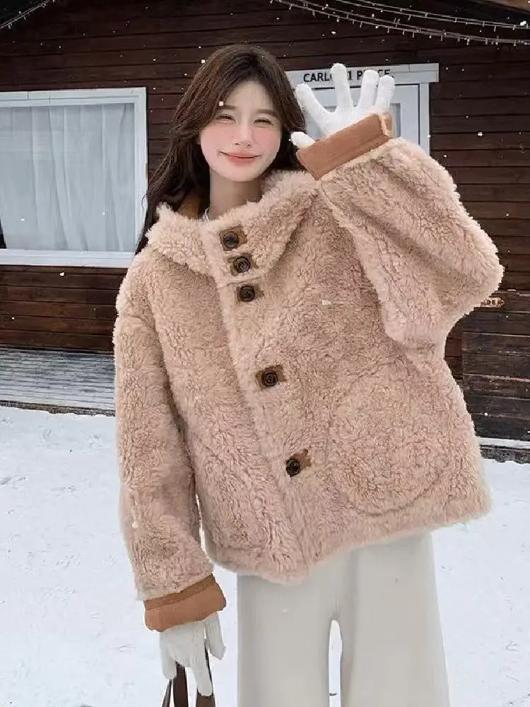 

Sweet Reversible Sheepskin Jacket Fashion Lapel Full Sleeve Single Breasted Loose Short Coat Lady Daily Commute Office Jackets
