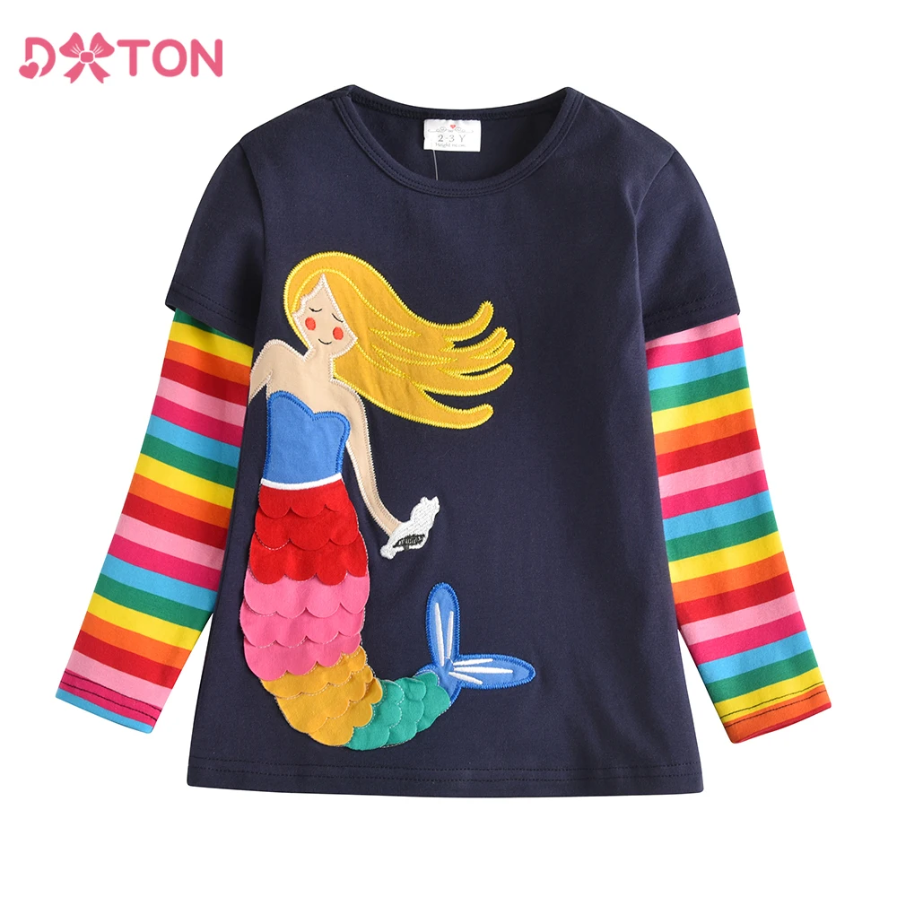 DXTON Girls Rainbow Tops Kids Long Sleeve Cotton T-shirts Children Spring Clothing Girl Stiching Tees Autumn Cartoon Tops 8 Year