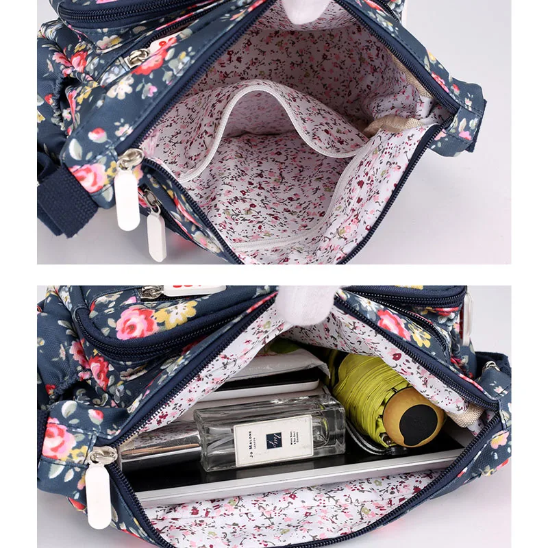 Womens Multi-Pocket Crossbody Handbags Waterproof Canvas Floral Printed Shoulder Messenger Bags for Shopping Hiking Daily Useing