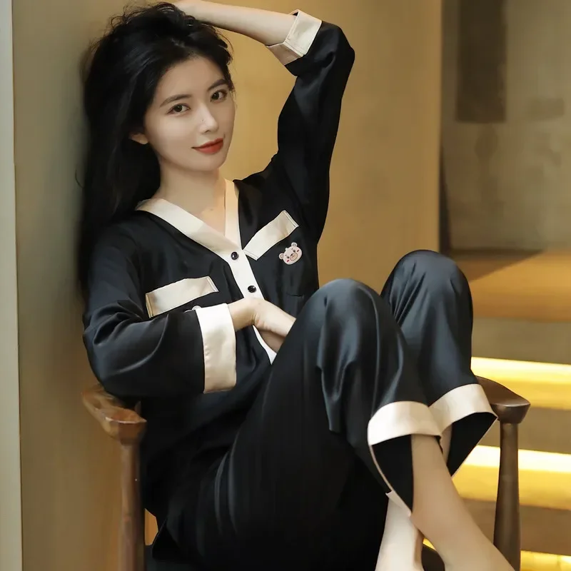 Silk Satin Pajamas for Womens Sets Floral Long Sleeve Pajamas Sets Women's Two Pieces Solid Color Comfort Sleep Homewear