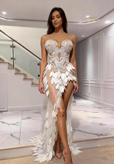 Abito lungo maxi senza spalline bianco eleganza da donna sexy maglia trasparente compleanno sera festa servizio fotografico abiti da sposa