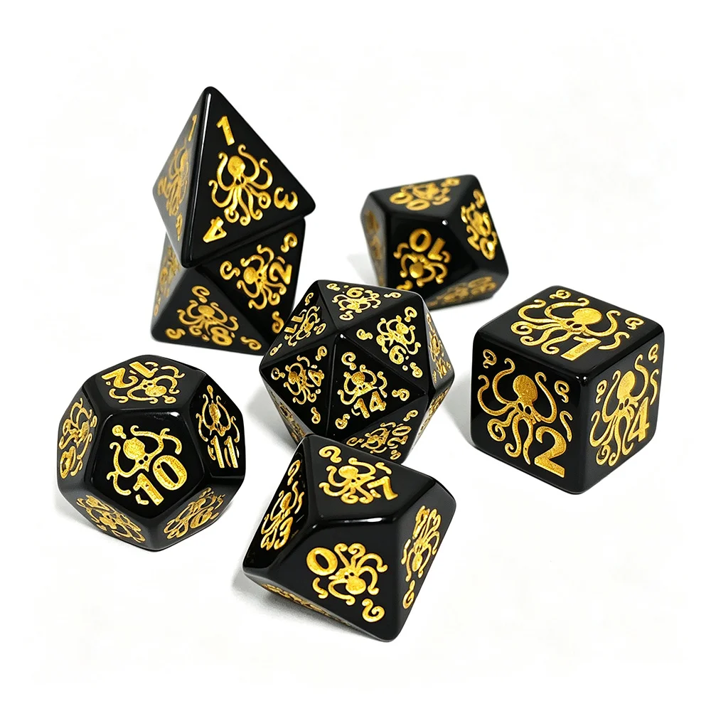 7Pcs/Set Black Acrylic Polyhedral Dice With Yellow Octopus Pattern, DND RPG Tabletop Game Dice For Dungeons & Dragons Games Dice