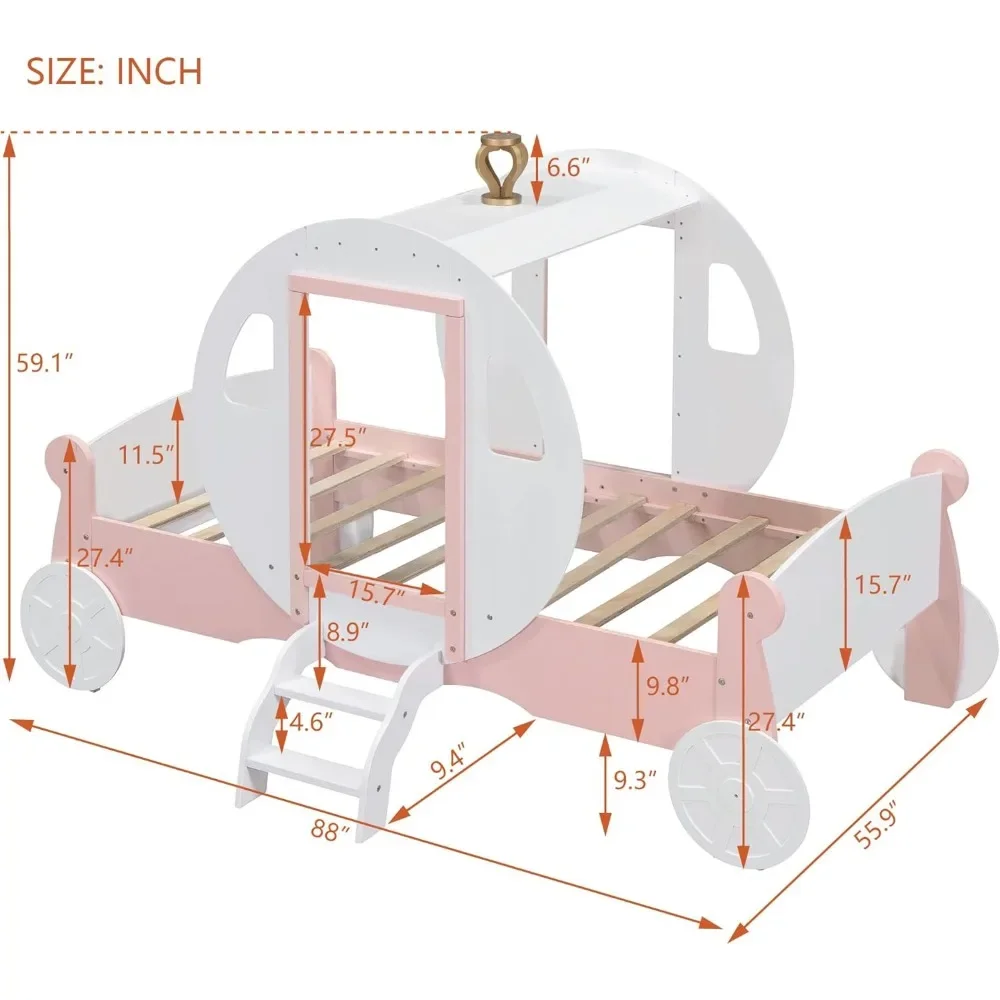 Estrutura de cama de transporte de princesa de tamanho duplo para meninos meninas crianças pequenas com coroa, cama de carro de plataforma de madeira com escada móveis infantis