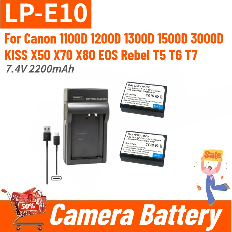 

High Capacity LP-E10 Camera Battery 7.4V 2200mAh for Canon 1500D 3000D 1100D 1200D 1300D KISS X50 X70 X80 Replacement Battery