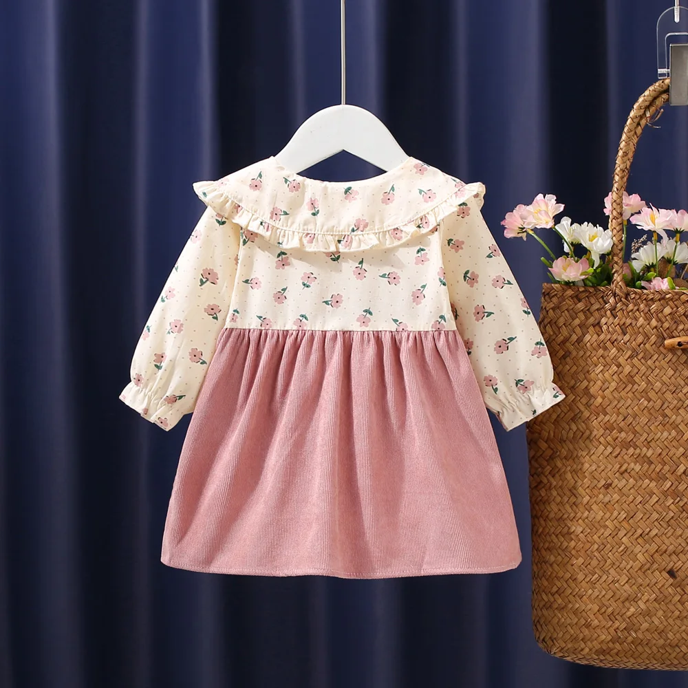 Autumn New Newborn Girls Long Sleeve Dress Cartoon Fragmented Flower Lapel Baby Princess Dress Flower Strap Dress