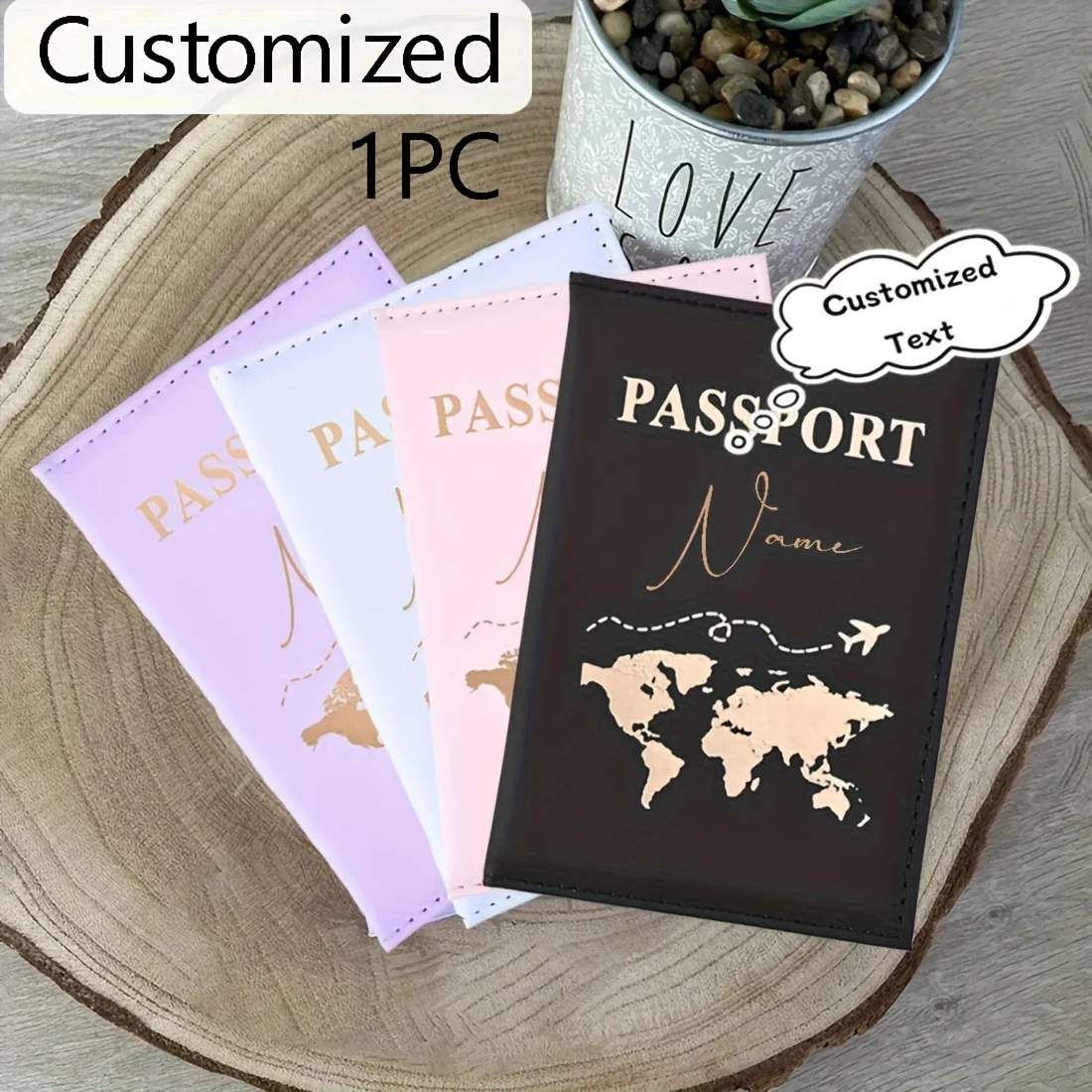 

Personalized Passport Book & Holder - Custom Name/Text with World Map Design, Open Closure Travel Organizer for Passport
