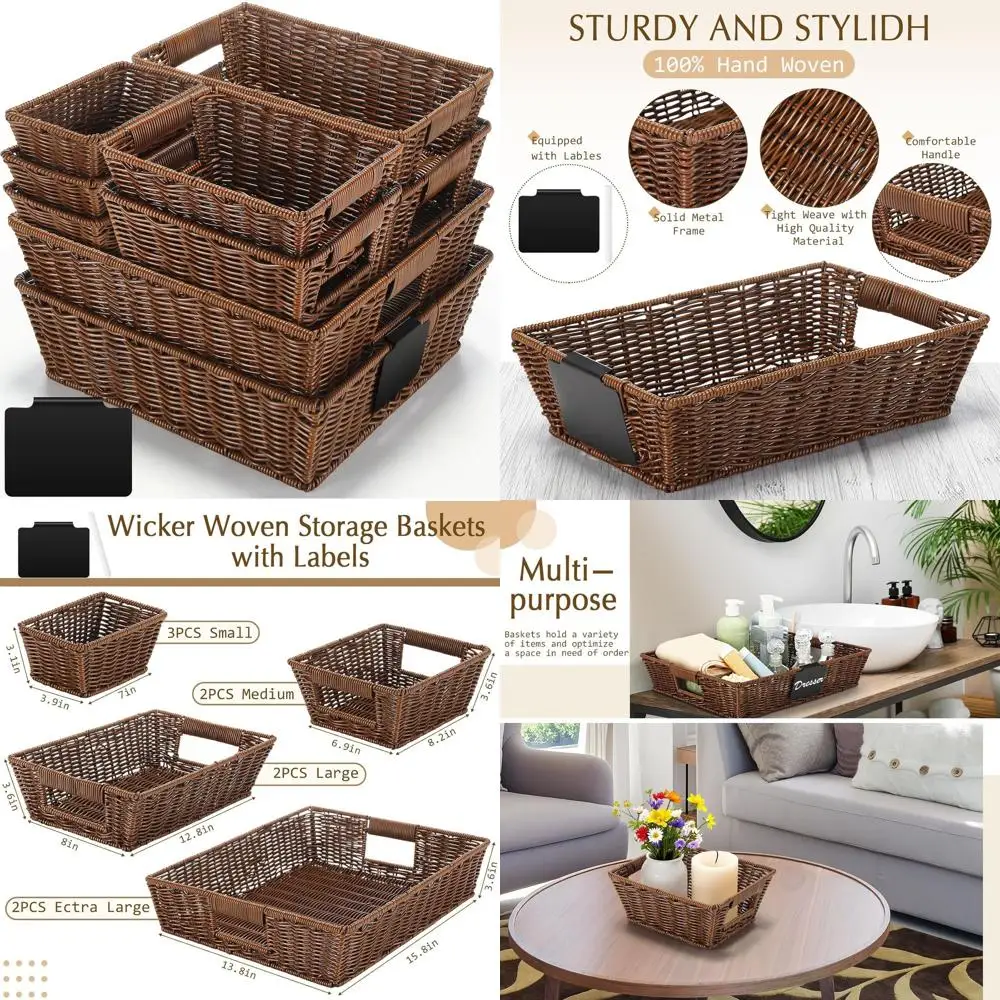 

Темно-коричневые плетеные корзины разных размеров с ручками для кладовой, гардероба и праздничного хранения.