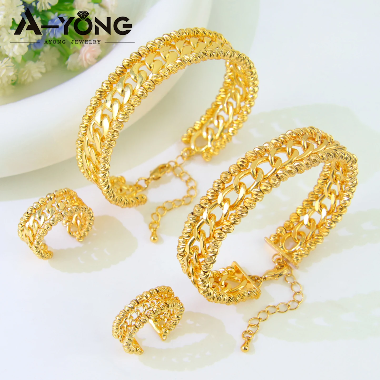 Nigeria Wedding Jewelry Set 24k Gold Plated Luxury Twist Gold Color Bracelet Ring Set Arab Dubai Women Engagement Party Jewelrys
