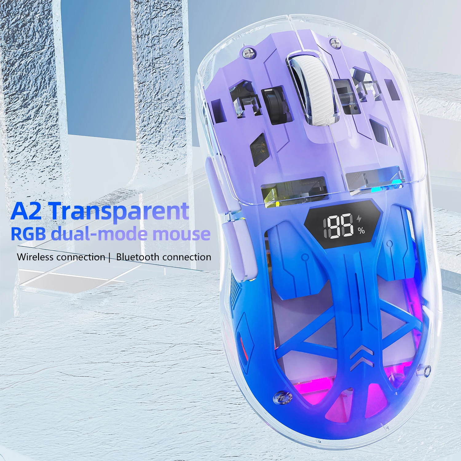 A2 Transparent RGB Dual Mode Wireless Mouse Digital Battery Display FREEWOLF 5 Speed DPI Type-C Charging Lightweight for Gaming