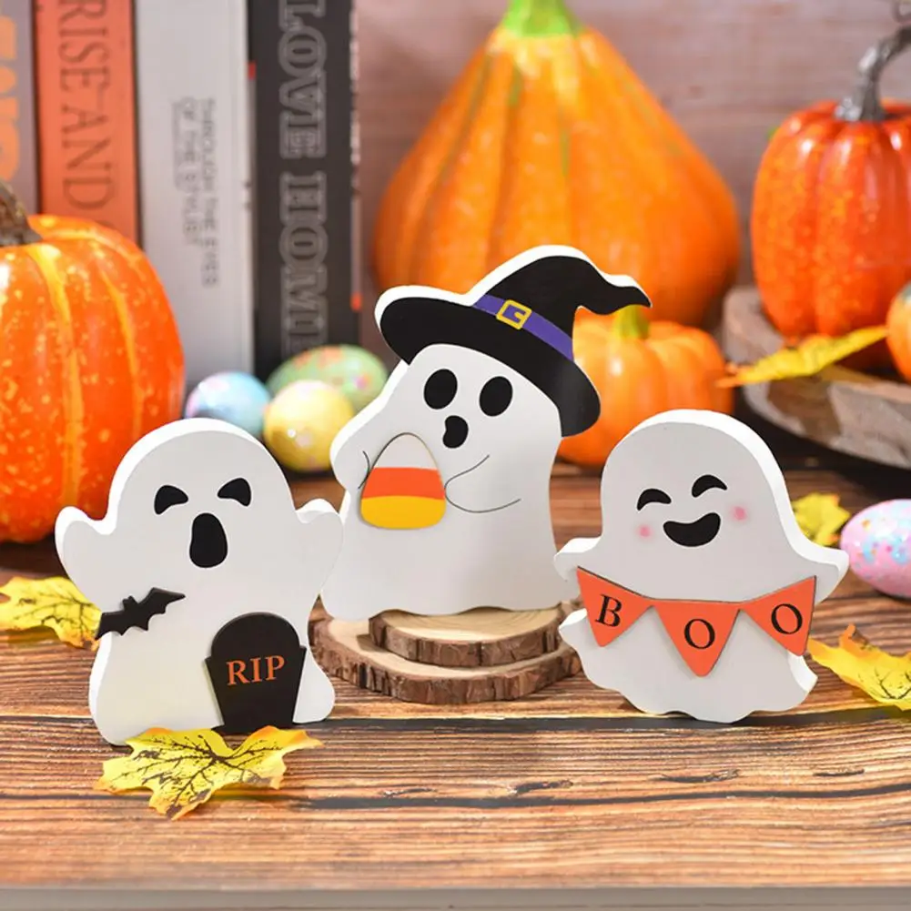 1 Pc/3 Pcs Halloween Ghost Decorations Wooden Ghost Tiered Tray Sign Ghost Ornament with Tombstone Witch Hat for Festive Party H