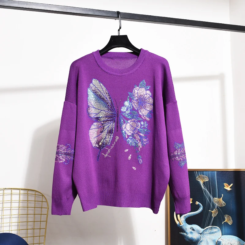 Fashion Purple Butterfly Hot Drilling Knitted Tracksuits Set Women 2pc Autumn Knit Pullover Sweater Pencil Pants Outfits Female