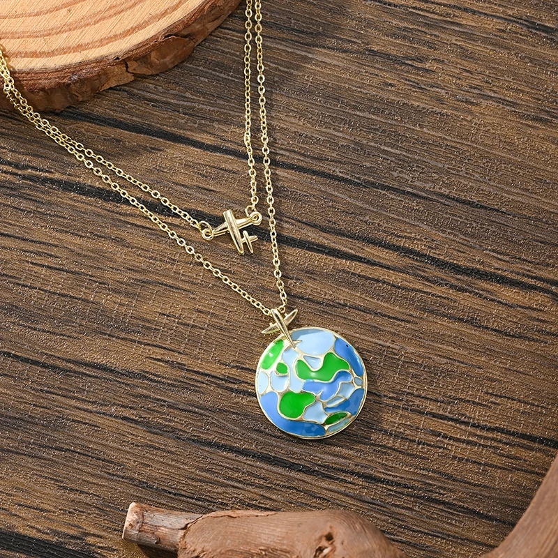HI MAN Creative Blue Globe Travel Airplane Double-layer Pendant Necklace Woman Fashion Jewelry Hot Sale New Birthday Travel Gift
