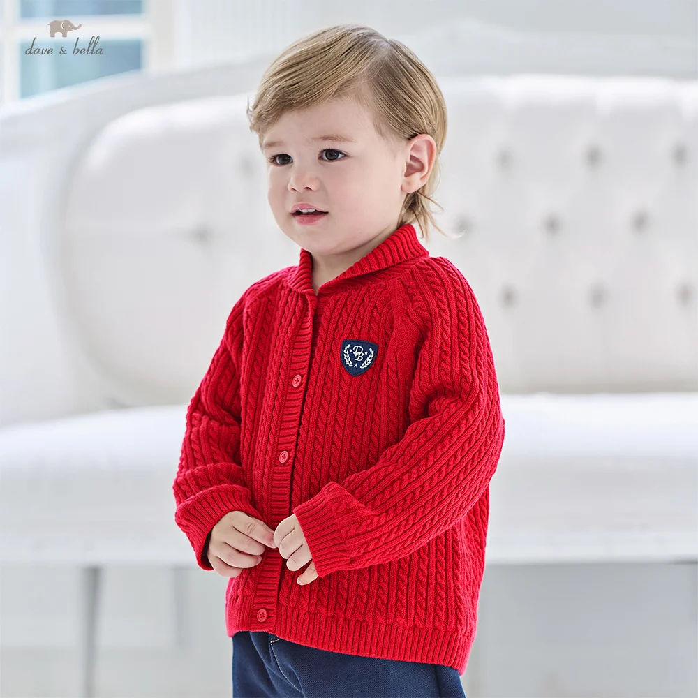 

Dave Bella, осенне-зимний милый топ для маленьких мальчиков, красный вязаный свитер, пуловер, модное повседневное нежное пальто DB4254050