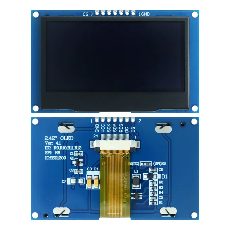 Modulo display OLED da 2,4 pollici Driver SSD1309 - Risoluzione 128x64, interfaccia I2C/SPI (7 pin) Schermo monocromatico COG