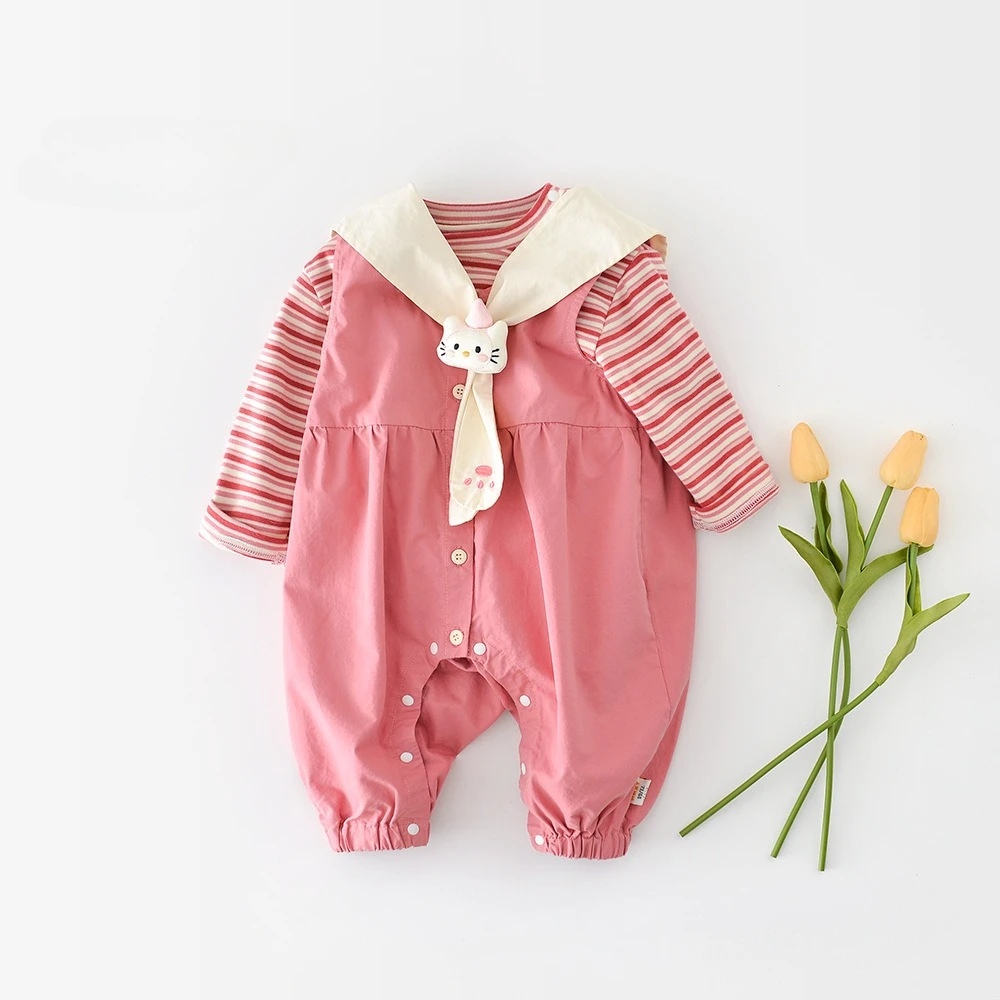 2026 Spring New Children Sports Set Girls Cartoon Romper + Long Sleeve Pink Cute Shirts 2pcs Suit Cotton Toddlers Casual Outfits