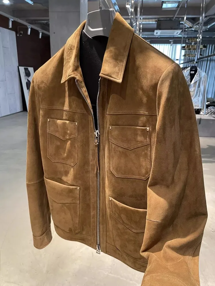 Italian Designer Luxury Mens Natural Suede Leather Jacket Autumn Multi Pockets Business Work Slim Fit Soft Real Leather Coat