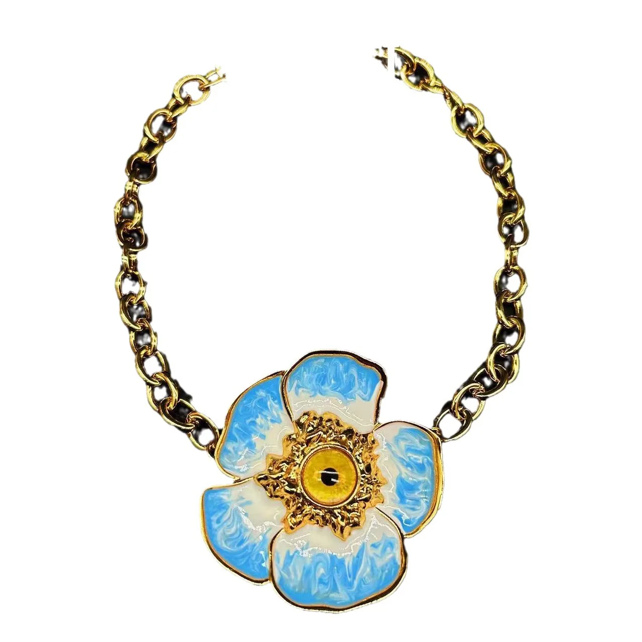 Mid-Ancient Vintage Light Luxury Magazine Devil\'s Eye Enamel Color Gold-Plated Flower High-Grade Necklace Earrings